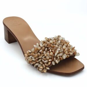 Tory Burch LOGAN Slide Sandals Women’s‎ 8 M Beige  Embellished Beaded Satin